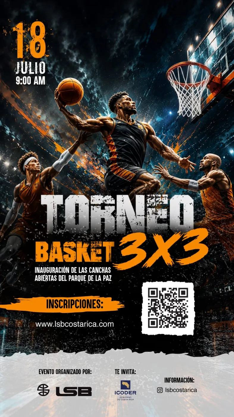 Afiche oficial del Torneo Abierto de Baloncesto 3x3: 18 de julio, 9:00 AM, Parque de la Paz